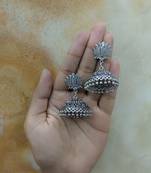 Afghani Antique Silver Oxidised Plated Tribal Lotus Flower Dangle Drop Jhumki Traditional Earrings