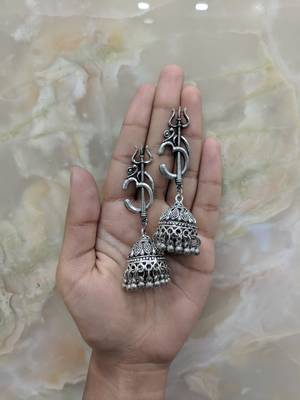 Afghani Antique German Silver Oxidised Plated Tribal Om Trishul Dangle Drop Jhumki Traditional Earring 1