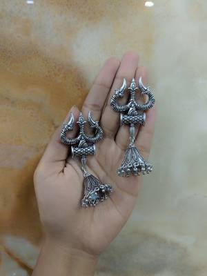 Afghani Antique German Silver Oxidised Plated Jhumki Traditional Tribal Om Trishul Dangle Drop Earring 1