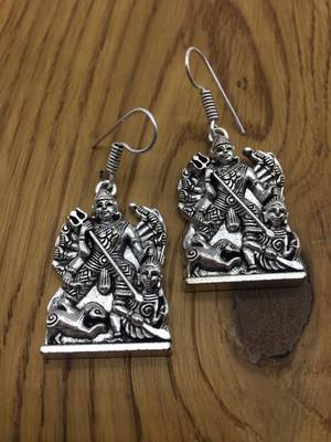 Fancy Antique German Silver Oxidised Plated Tribal Maha-Durga Maa Temple Lightweight Hook Earrings 1