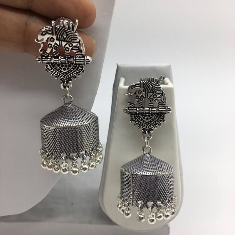 Afghani Antique Silver Oxidised Plated Jhumki Traditional Tribal Elephant Banjaran Dangle Drop Earring
