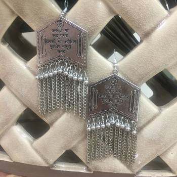 Fancy Stylish Antique German Silver Oxidised Plated Tribal Sanskrit Shlokh Lightweight Hook Earrings 1