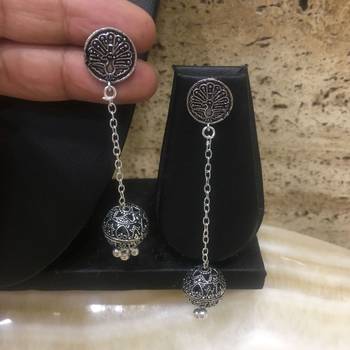 Afghani German Antique Silver Oxidised Plated Peacock Studded Traditional Long Drop Jhumki Earrings 1