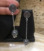 Afghani German Antique Silver Oxidised Plated Peacock Studded Traditional Long Drop Jhumki Earrings