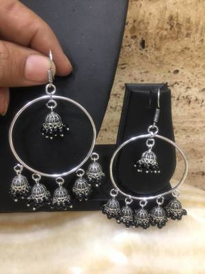 Fancy Antique German Silver Oxidised Plated Multi Jhumki With Black Beads Lightweight Hook Earrings 1