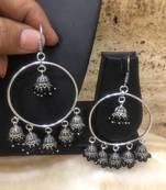 Fancy Antique German Silver Oxidised Plated Multi Jhumki With Black Beads Lightweight Hook Earrings
