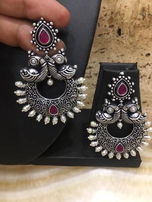 Traditional Antique German Silver Oxidised Peacock Design Red Enamel With Pearl Dangle Earrings 1