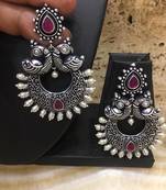 Traditional Antique German Silver Oxidised Peacock Design Red Enamel With Pearl Dangle Earrings
