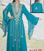 Aqua-blue embroidered georgette islamic-kaftans