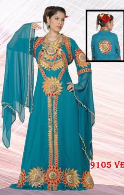 Aqua-blue embroidered georgette islamic-kaftans 1