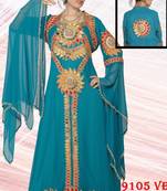 Aqua-blue embroidered georgette islamic-kaftans