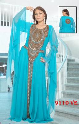 Aqua-blue embroidered georgette islamic-kaftans 1