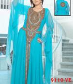 Aqua-blue embroidered georgette islamic-kaftans