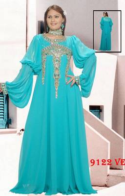 Aqua-blue embroidered georgette islamic-kaftans 1