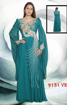 Teal-green embroidered georgette islamic-kaftans 1