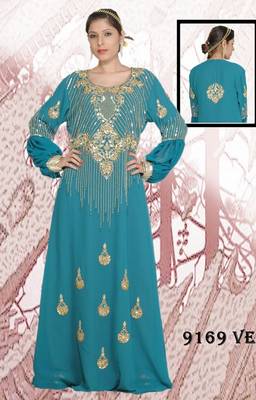 Teal-green embroidered georgette islamic-kaftans 1
