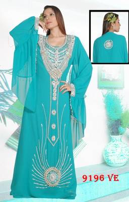 Aqua-blue embroidered georgette islamic-kaftans 1