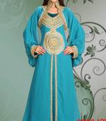 Aqua-blue embroidered georgette islamic-kaftans