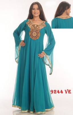Aqua-blue embroidered georgette islamic-kaftans 1