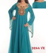 Aqua-blue embroidered georgette islamic-kaftans