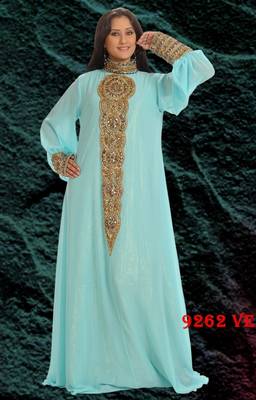 Aqua-blue embroidered georgette islamic-kaftans 1