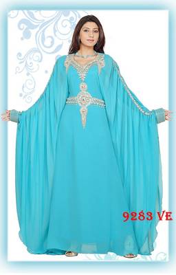 Aqua-blue embroidered georgette islamic-kaftans 1