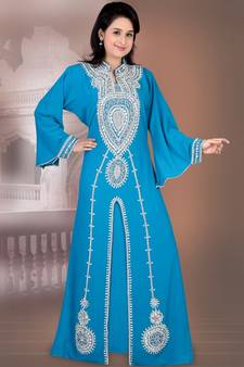 Sky-blue embroidered georgette islamic-kaftans