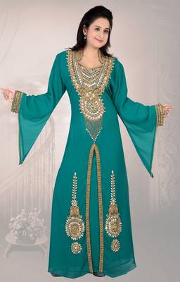 Teal embroidered georgette islamic-kaftans 1