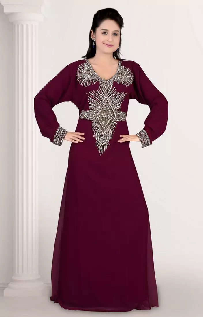 Wine embroidered georgette islamic-kaftans
