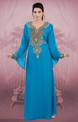 Sky-blue embroidered georgette islamic-kaftans 1