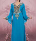 Sky-blue embroidered georgette islamic-kaftans