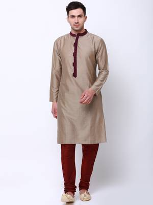 Svanik Beige Blended Striped Classic Long Kurta 1