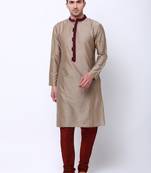 Svanik Beige Blended Striped Classic Long Kurta