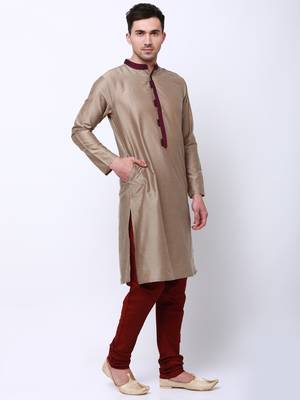 Svanik Beige Blended Striped Classic Long Kurta 4