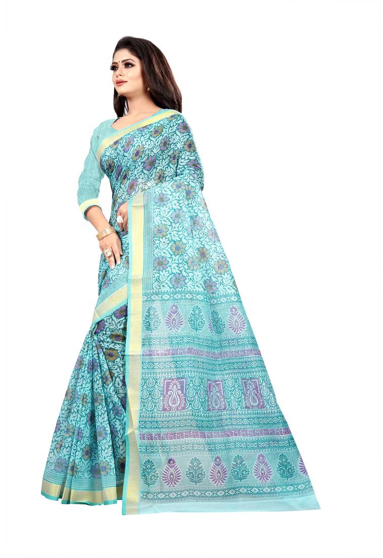 Blue Printed Cotton Saree