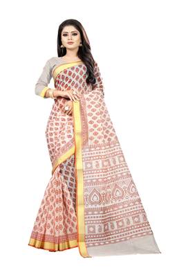 Orange printed cotton saree with blouse 1