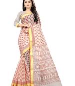 Orange printed cotton saree with blouse