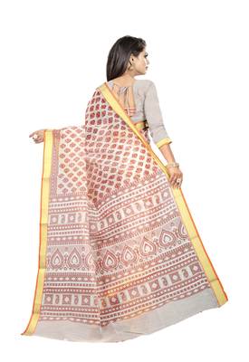 Orange printed cotton saree with blouse 2