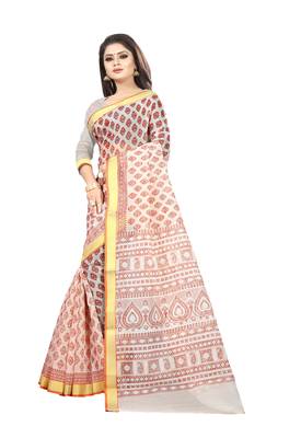 Orange printed cotton saree with blouse 3