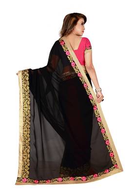 Black Georgette Embroidered Saree With Unstiched Blouse 3