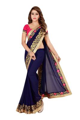 Blue Georgette Embroidered Saree With Unstiched Blouse 2