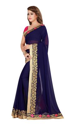 Blue Georgette Embroidered Saree With Unstiched Blouse 3