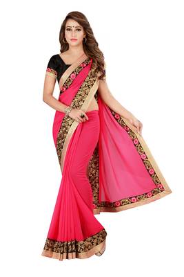 Pink Georgette Embroidered Saree With Unstiched Blouse 1