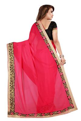 Pink Georgette Embroidered Saree With Unstiched Blouse 3