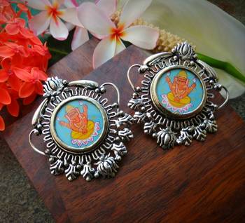 Lotus Ganpati Germans Isilver Photoframe Ear Studs 1