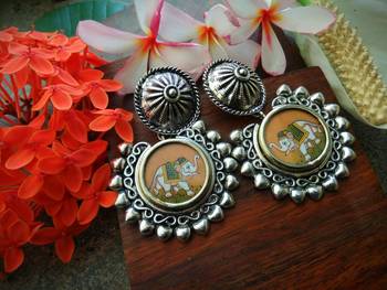 Rounf Photoframe Airavat Handcrafted German Silver Earrings With Studs 1