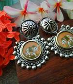 Rounf Photoframe Airavat Handcrafted German Silver Earrings With Studs