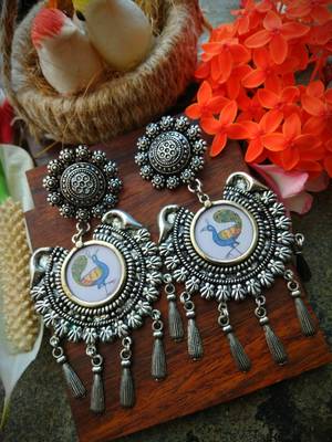 Photoframed Peacock Long German Silver Earing With Studs 1