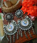 Photoframed Peacock Long German Silver Earing With Studs