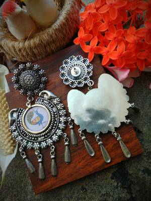 Photoframed Peacock Long German Silver Earing With Studs 2